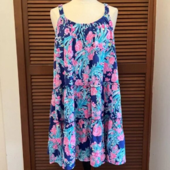 Lilly Pulitzer Loro dress XXL Pink and Blue Floral tiered swing Dress NWT - Picture 1 of 8